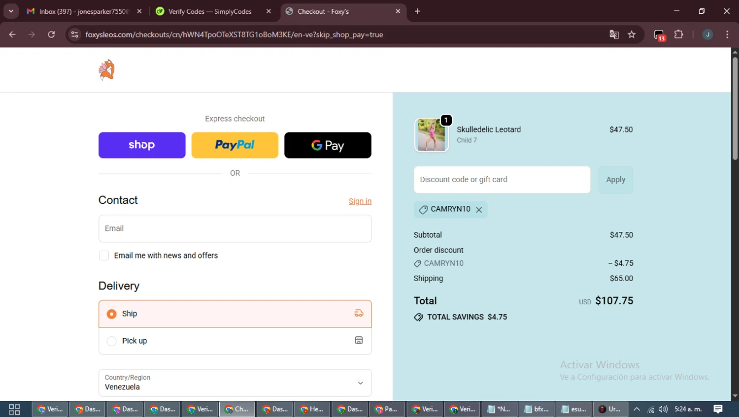 Foxy's Leotards promo code screenshot showing code CAMRYN10 applied at Foxy's Leotards checkout page. Uploaded by SimplyCodes community member ScanLynx8928 on Oct 24, 2025