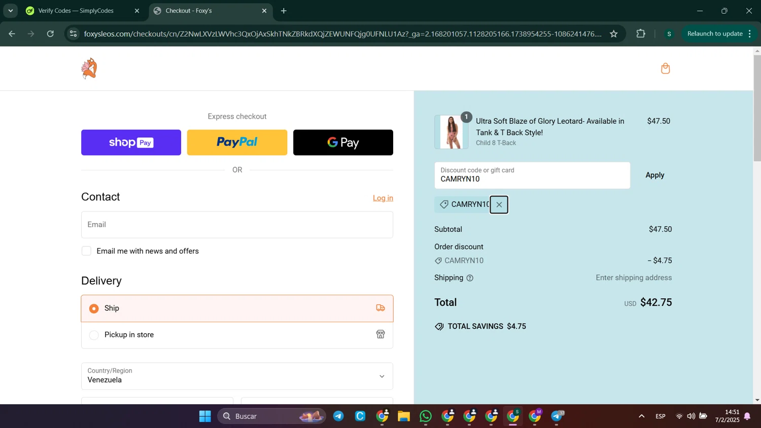 Foxy's Leotards promo code screenshot showing code CAMRYN10 applied at Foxy's Leotards checkout page. Uploaded by SimplyCodes community member SaleHunter9008 on Feb 7, 2025