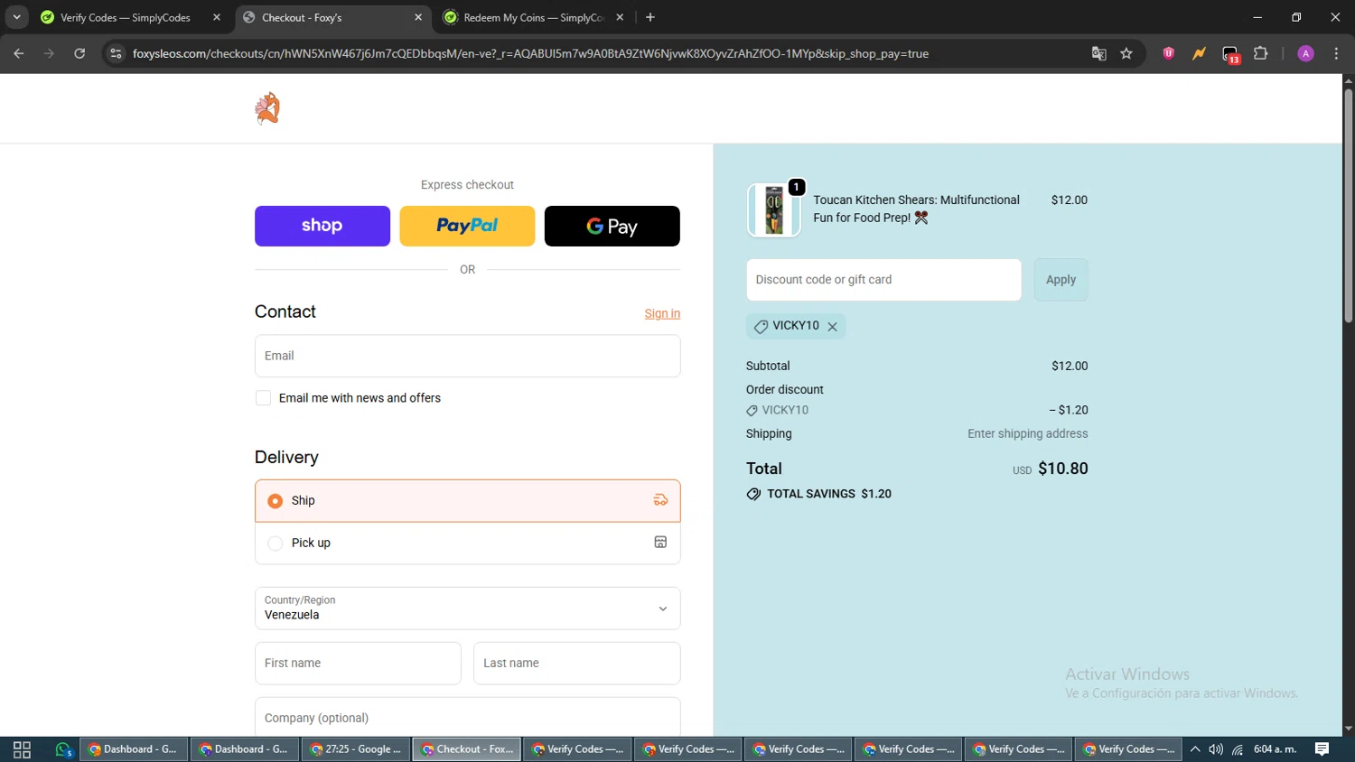 Foxy's Leotards promo code screenshot showing code VICKY10 applied at Foxy's Leotards checkout page. Uploaded by SimplyCodes community member CouponScout5403 on Nov 21, 2025
