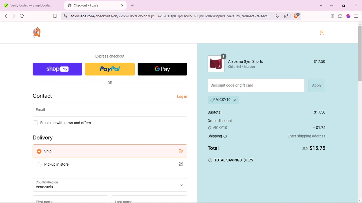Foxy's Leotards promo code screenshot showing code VICKY10 applied at Foxy's Leotards checkout page. Uploaded by SimplyCodes community member DazzLL on Feb 15, 2025