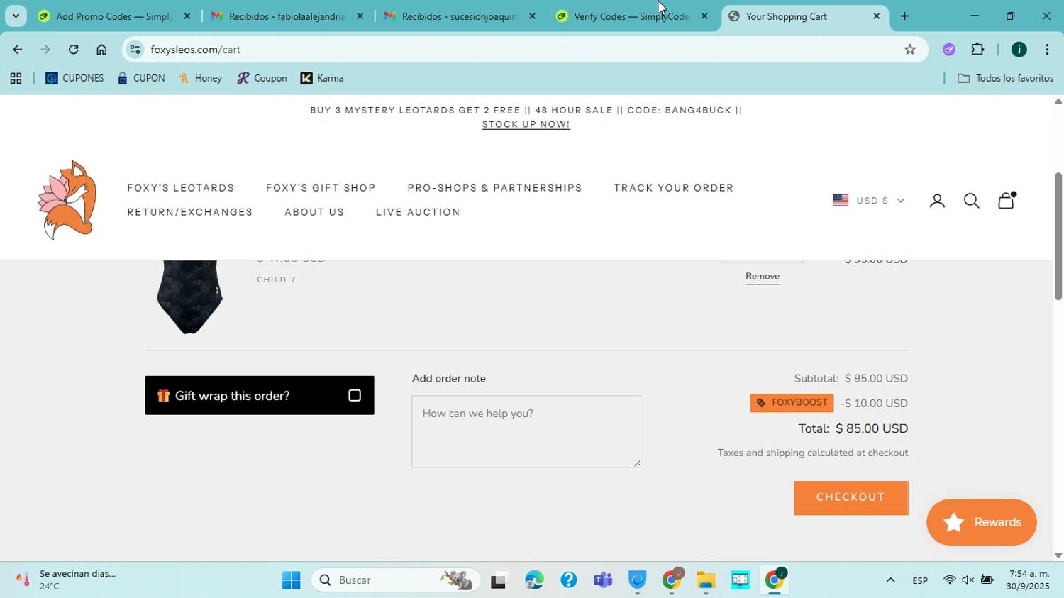 Foxy's Leotards promo code screenshot showing code FOXYBOOST applied at Foxy's Leotards checkout page. Uploaded by SimplyCodes community member ABHF23 on Sep 30, 2025