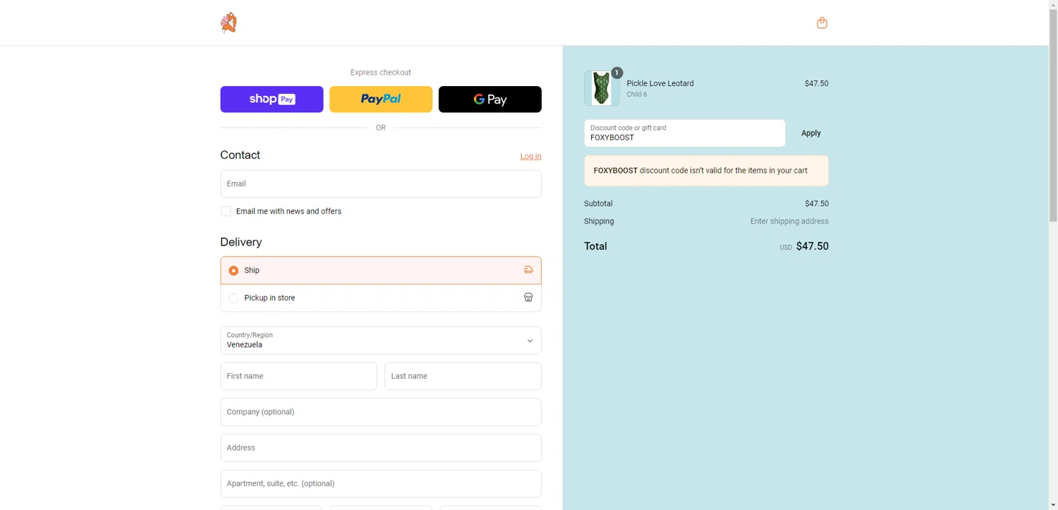 Foxy's Leotards promo code screenshot showing code FOXYBOOST applied at Foxy's Leotards checkout page. Uploaded by SimplyCodes community member ExtraordinaryMaven3628 on May 18, 2025