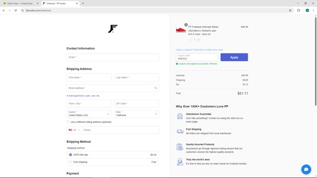 FP Insoles checkout page showing FP Insoles coupon code box | Screenshot taken by SimplyCodes community member on Aug 31, 2025