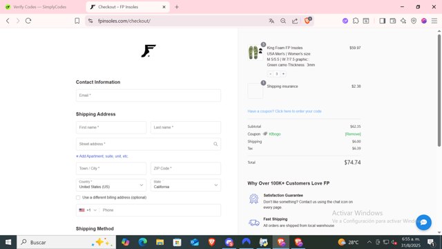 FP Insoles checkout page showing FP Insoles coupon code box | Screenshot taken by SimplyCodes community member on Aug 31, 2025