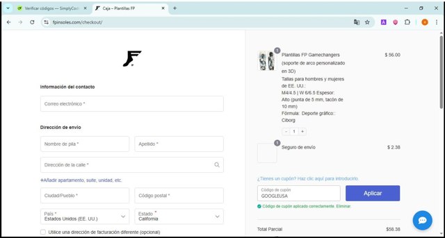 FP Insoles checkout page showing FP Insoles coupon code box | Screenshot taken by SimplyCodes community member on Aug 12, 2025