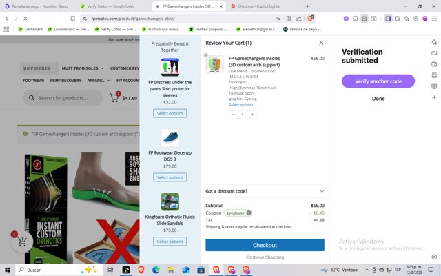 FP Insoles checkout page showing FP Insoles coupon code box | Screenshot taken by SimplyCodes community member on Aug 12, 2025