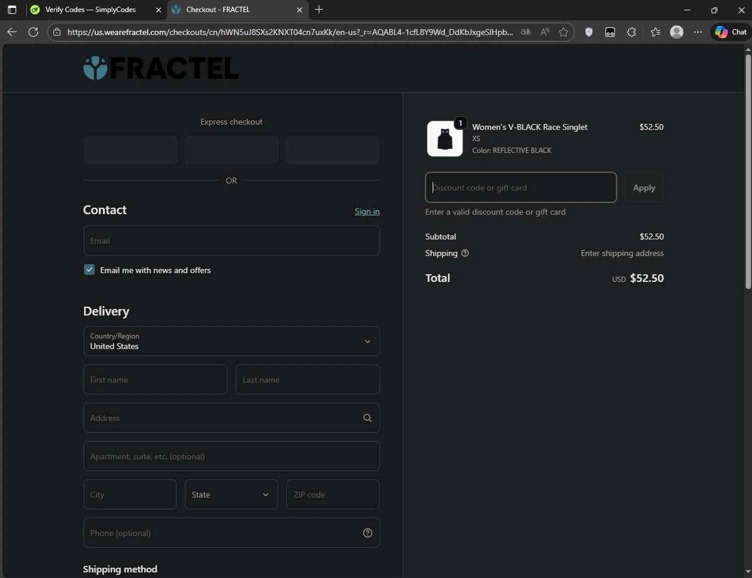 Fractel discount code screenshot showing code fractel10 applied at Fractel checkout page. Uploaded by SimplyCodes community member CoinRanger3407 on Nov 30, 2025