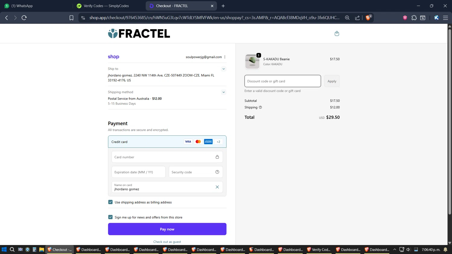 Fractel discount code screenshot showing code fractel10 applied at Fractel checkout page. Uploaded by SimplyCodes community member SimplyGOAT on Nov 30, 2025