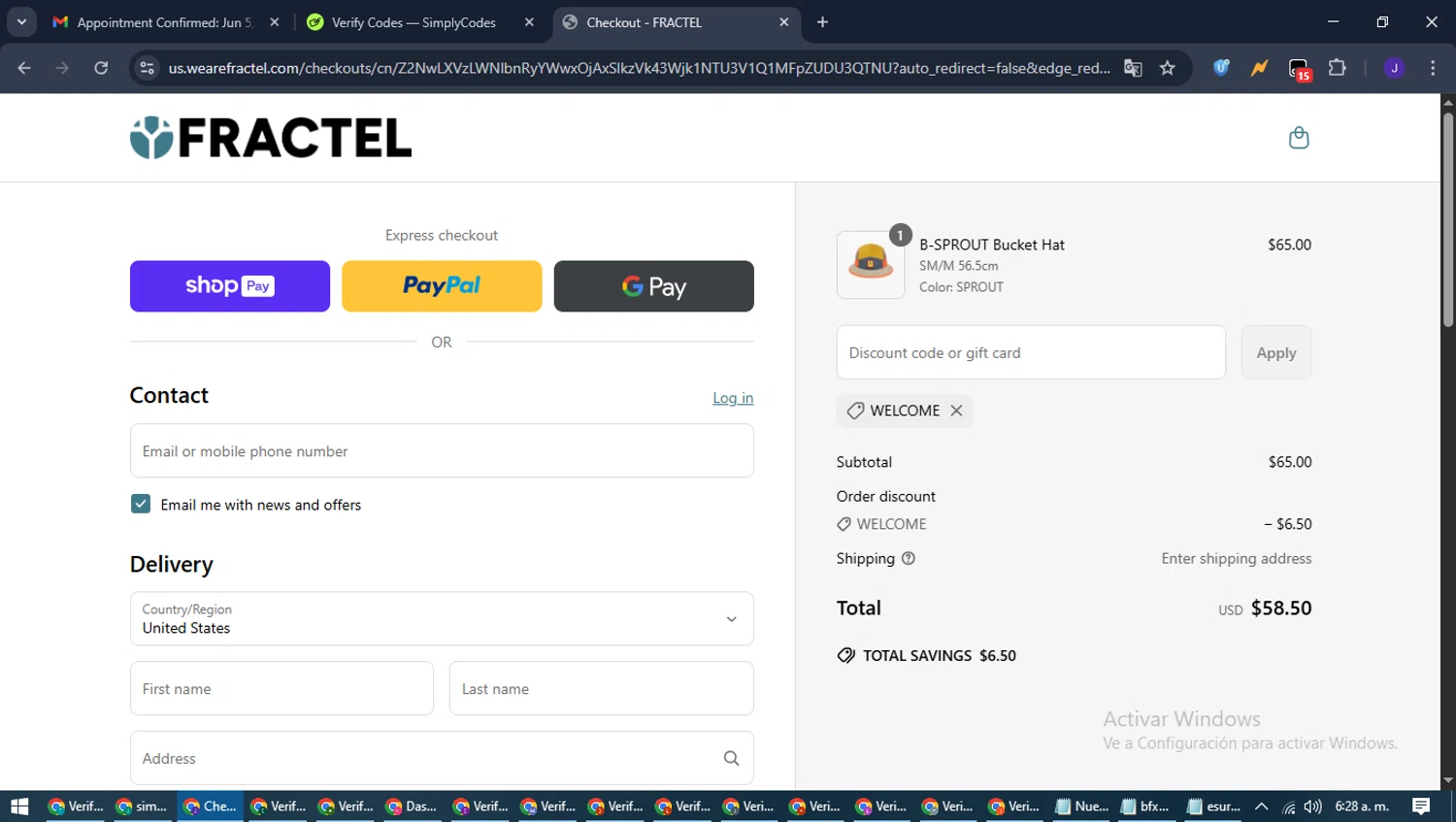 Fractel discount code screenshot showing code WELCOME applied at Fractel checkout page. Uploaded by SimplyCodes community member LegendaryLegend9872 on Jun 19, 2025
