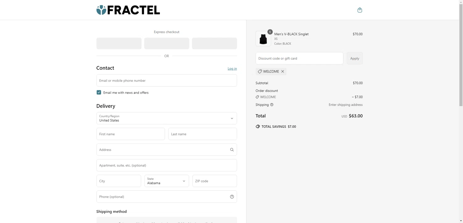 Fractel discount code screenshot showing code WELCOME applied at Fractel checkout page. Uploaded by SimplyCodes community member SwiftLynx7415 on May 6, 2025