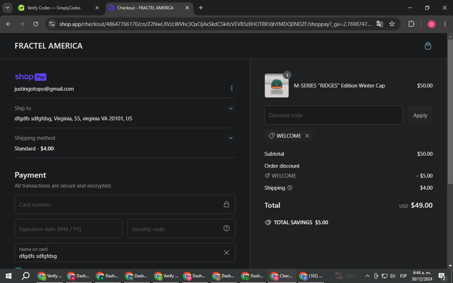 Fractel discount code screenshot showing code WELCOME applied at Fractel checkout page. Uploaded by SimplyCodes community member LuckyHero4650 on Dec 30, 2024