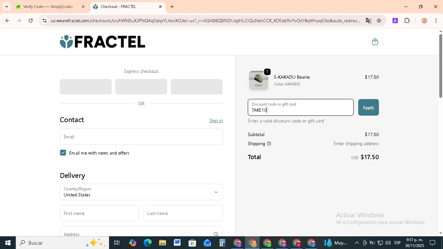 Fractel discount code screenshot showing code TAKE10 applied at Fractel checkout page. Uploaded by SimplyCodes community member RebateCollector5909 on Dec 1, 2025