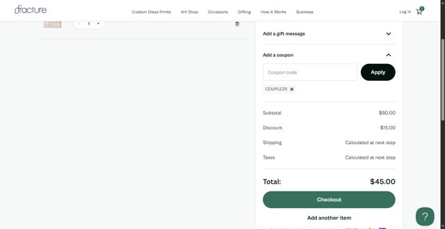 Fracture checkout page showing Fracture coupon code box | Screenshot taken by SimplyCodes community member on Aug 30, 2025