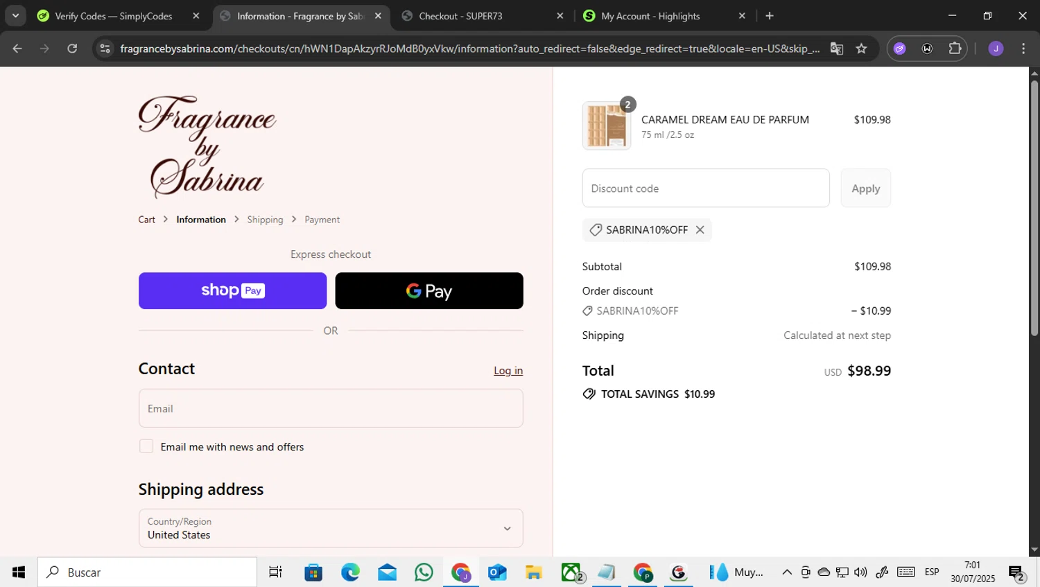 Fragrance by Sabrina discount code screenshot showing code SABRINA10%OFF applied at Fragrance by Sabrina checkout page. Uploaded by SimplyCodes community member ENCARAMESSI on Jul 30, 2025