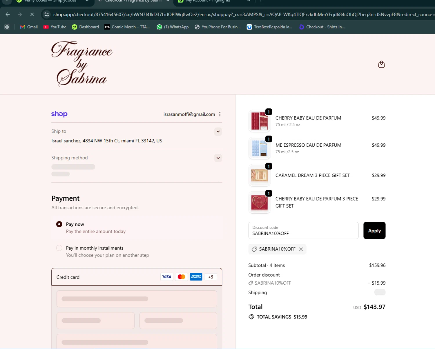 Fragrance by Sabrina checkout page showing Fragrance by Sabrina discount code box | Screenshot taken by SimplyCodes community member on Jan 6, 2026