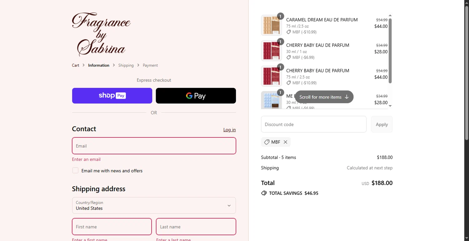 Fragrance by Sabrina checkout page showing Fragrance by Sabrina discount code box | Screenshot taken by SimplyCodes community member on Aug 28, 2025