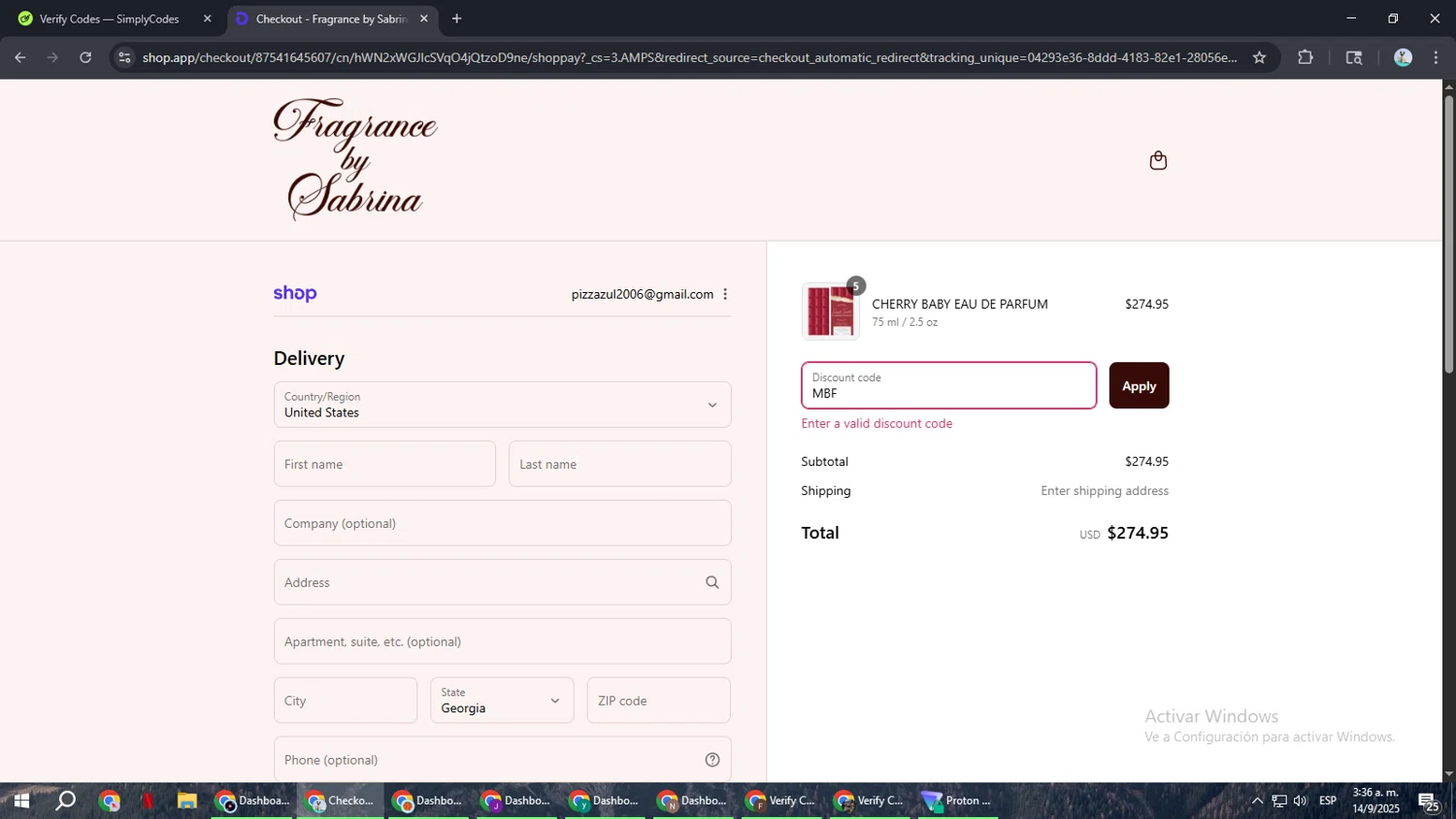 Fragrance by Sabrina discount code screenshot showing code MBF applied at Fragrance by Sabrina checkout page. Uploaded by SimplyCodes community member ShrewdSeeker6165 on Sep 14, 2025