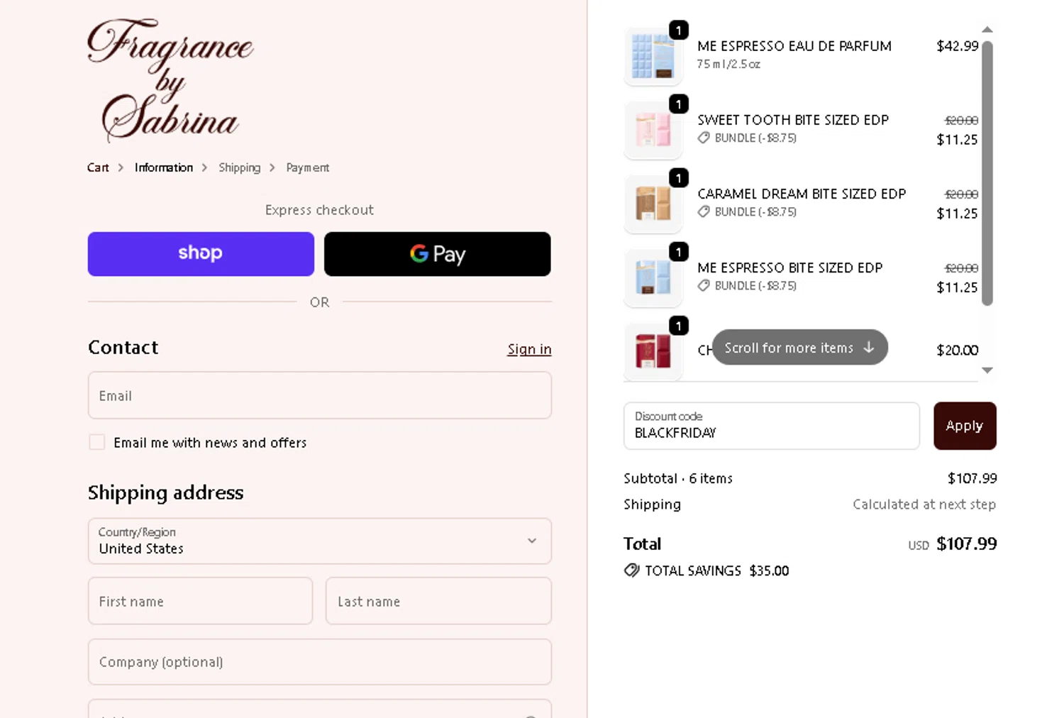 Fragrance by Sabrina discount code screenshot showing code BLACKFRIDAY applied at Fragrance by Sabrina checkout page. Uploaded by SimplyCodes community member SilverSpotter4629 on Dec 5, 2025
