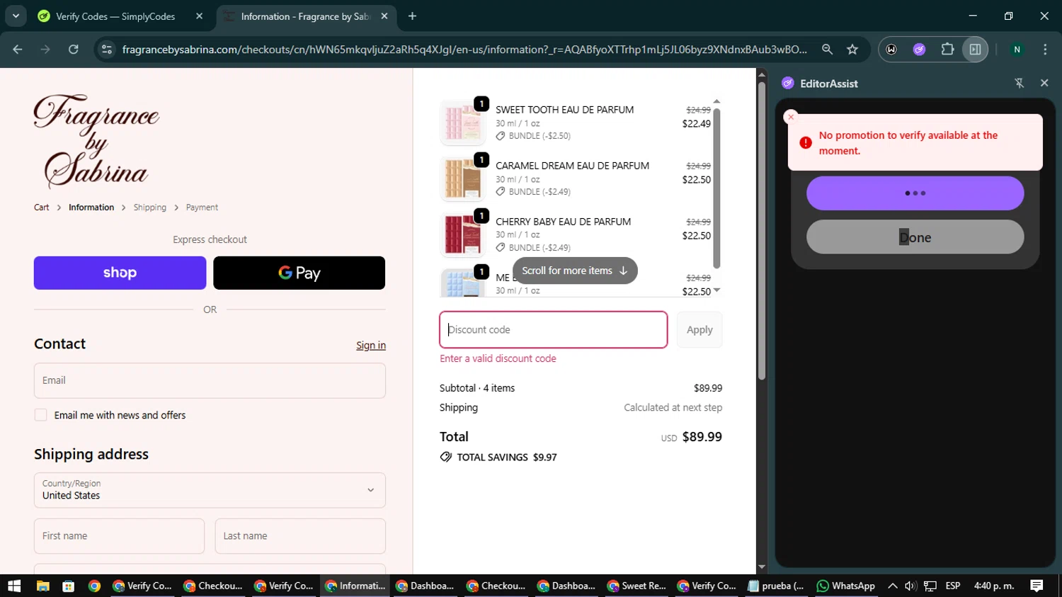 Fragrance by Sabrina discount code screenshot showing code BLACKFRIDAY applied at Fragrance by Sabrina checkout page. Uploaded by SimplyCodes community member nataaokiiii on Dec 5, 2025
