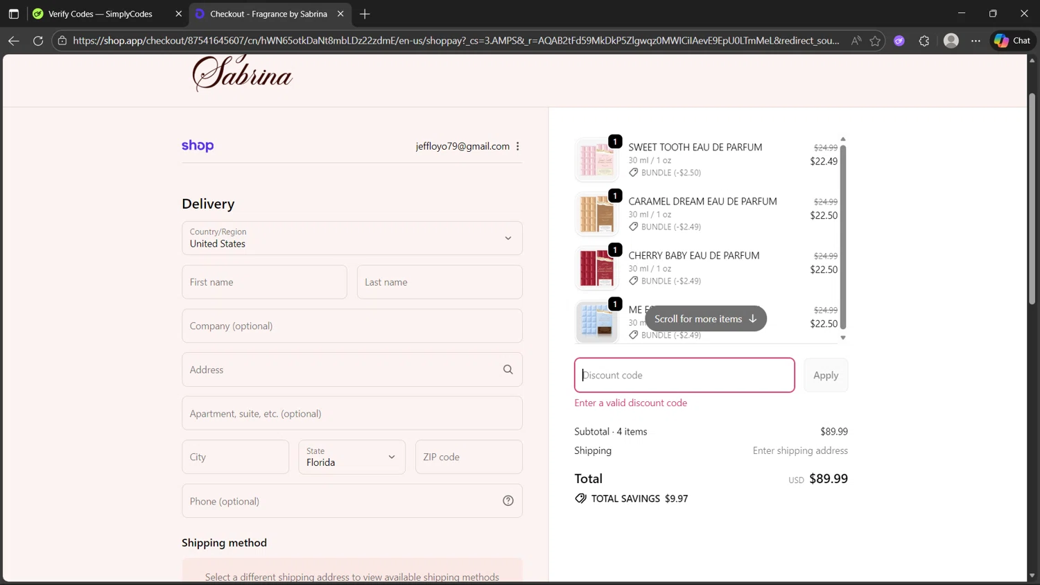 Fragrance by Sabrina discount code screenshot showing code BLACKFRIDAY applied at Fragrance by Sabrina checkout page. Uploaded by SimplyCodes community member steve_jeff on Dec 5, 2025