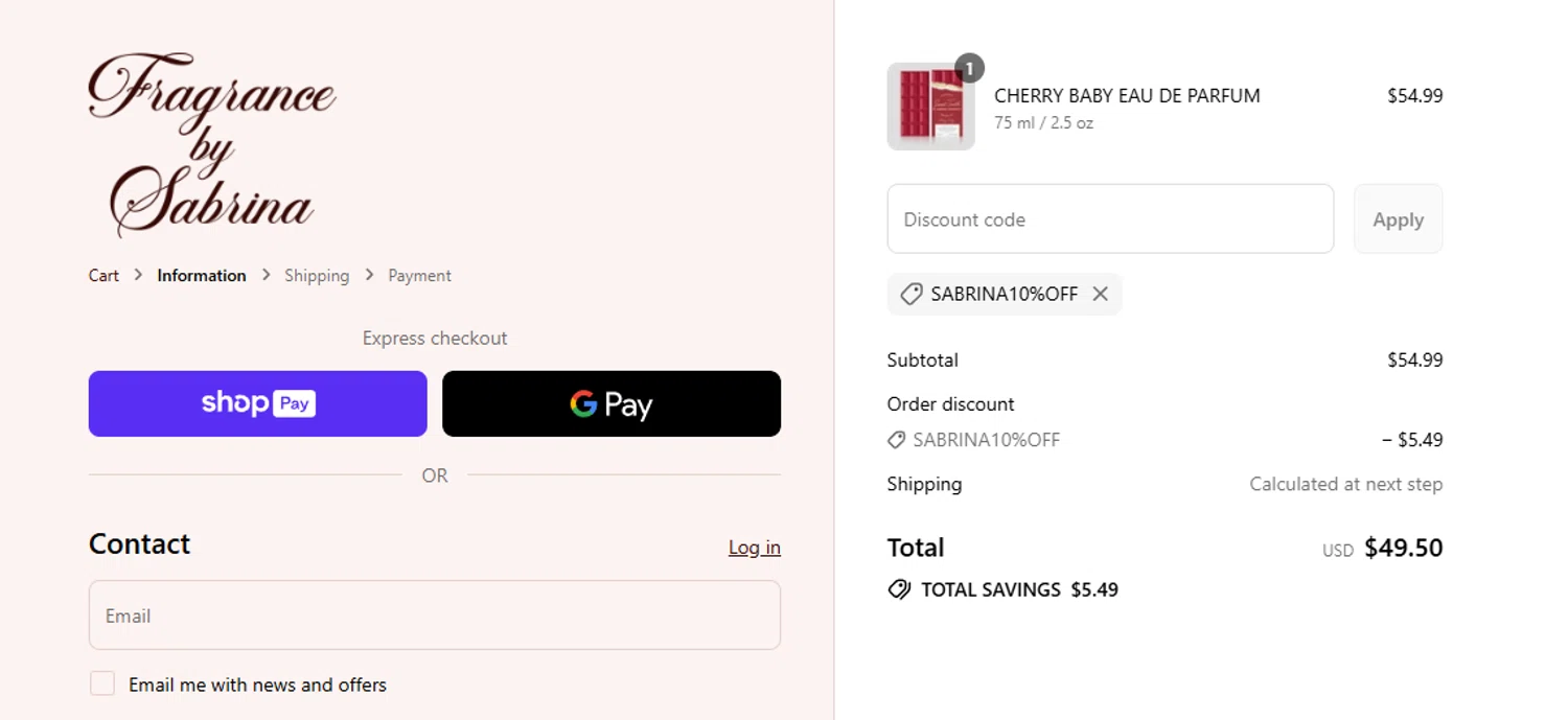 Fragrance by Sabrina discount code screenshot showing code SABRINA10%OFF applied at Fragrance by Sabrina checkout page. Uploaded by SimplyCodes community member aumentadax10 on Jul 30, 2025
