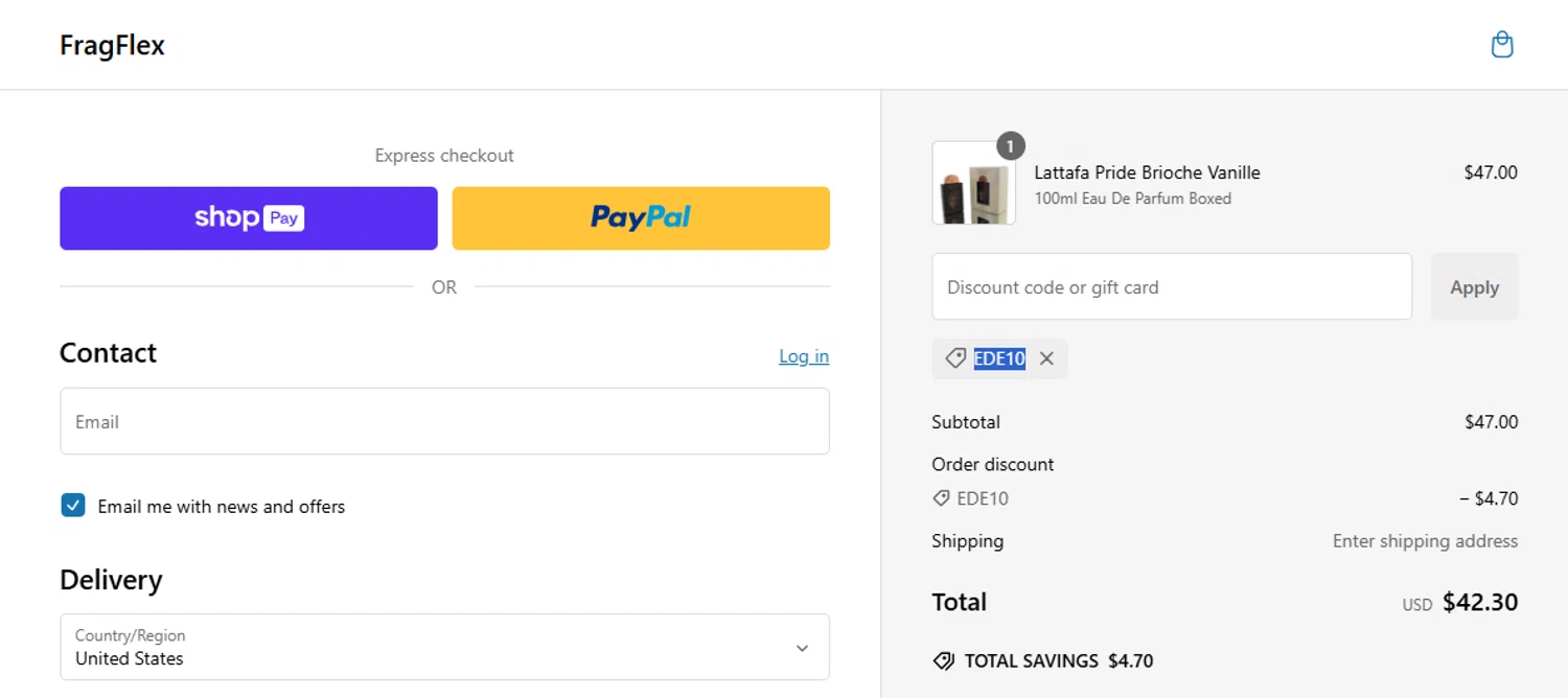 FragFlex coupon code screenshot showing code EDE10 applied at FragFlex checkout page. Uploaded by SimplyCodes community member evolet on Jan 15, 2025