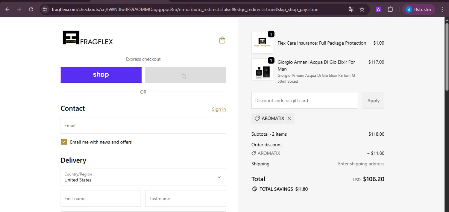 FragFlex coupon code screenshot showing code AROMATIX applied at FragFlex checkout page. Uploaded by SimplyCodes community member ShieldKnight4744 on Sep 23, 2025