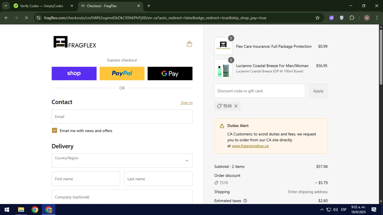 FragFlex coupon code screenshot showing code TS10 applied at FragFlex checkout page. Uploaded by SimplyCodes community member 61664350 on Sep 10, 2025