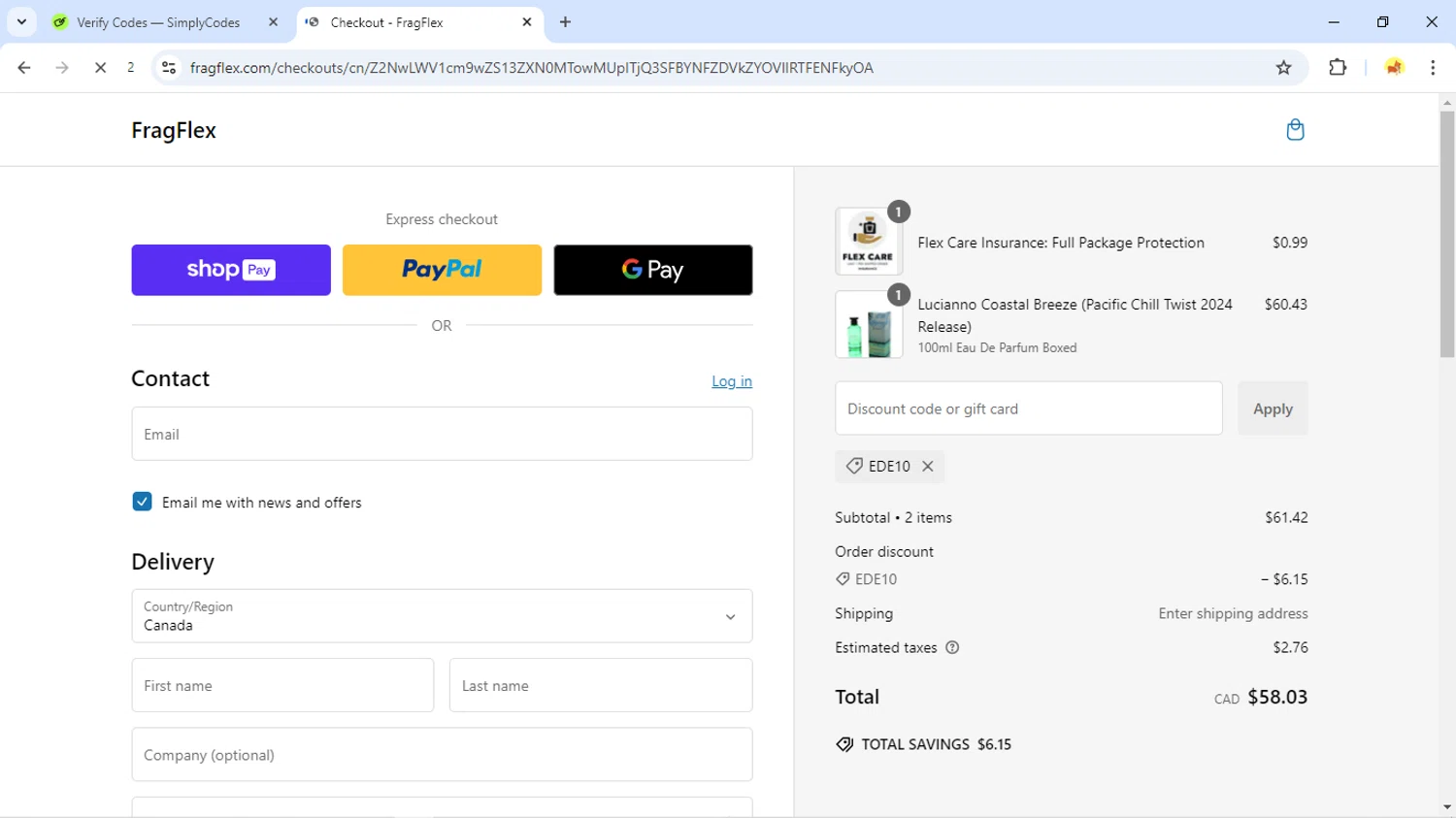 FragFlex coupon code screenshot showing code EDE10 applied at FragFlex checkout page. Uploaded by SimplyCodes community member JoseVentura on Jan 15, 2025