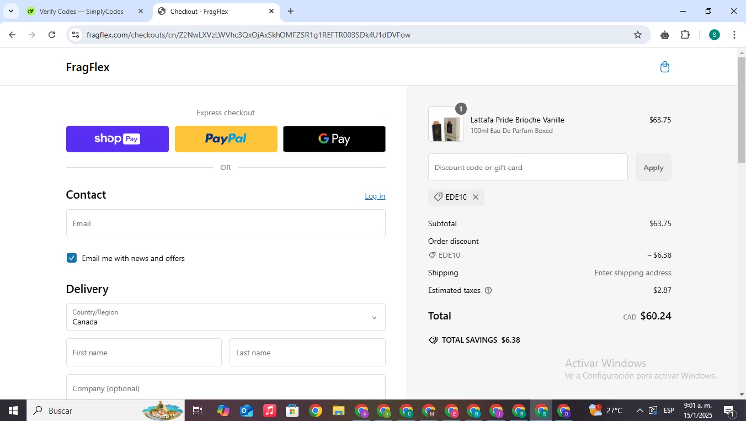 FragFlex coupon code screenshot showing code EDE10 applied at FragFlex checkout page. Uploaded by SimplyCodes community member VictoriousPilot5281 on Jan 15, 2025