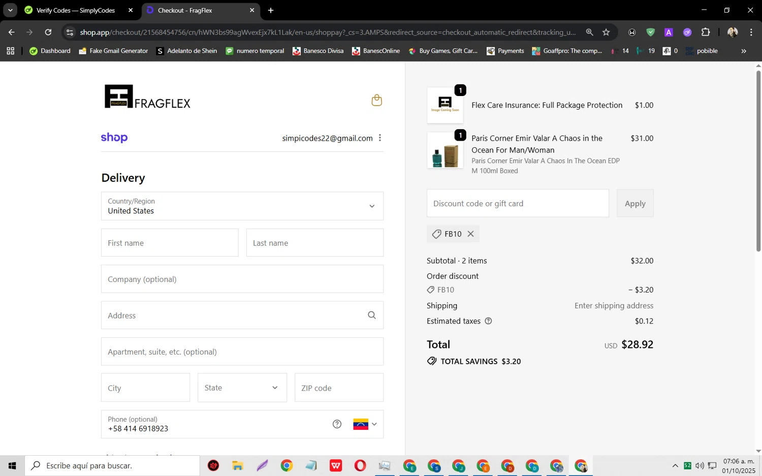 FragFlex coupon code screenshot showing code FB10 applied at FragFlex checkout page. Uploaded by SimplyCodes community member jeysosmoore on Oct 1, 2025