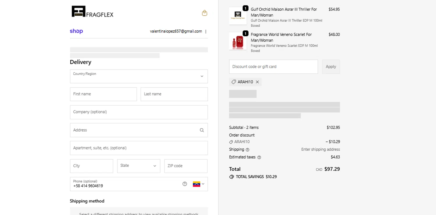 FragFlex checkout page showing FragFlex coupon code box | Screenshot taken by SimplyCodes community member on Feb 14, 2026