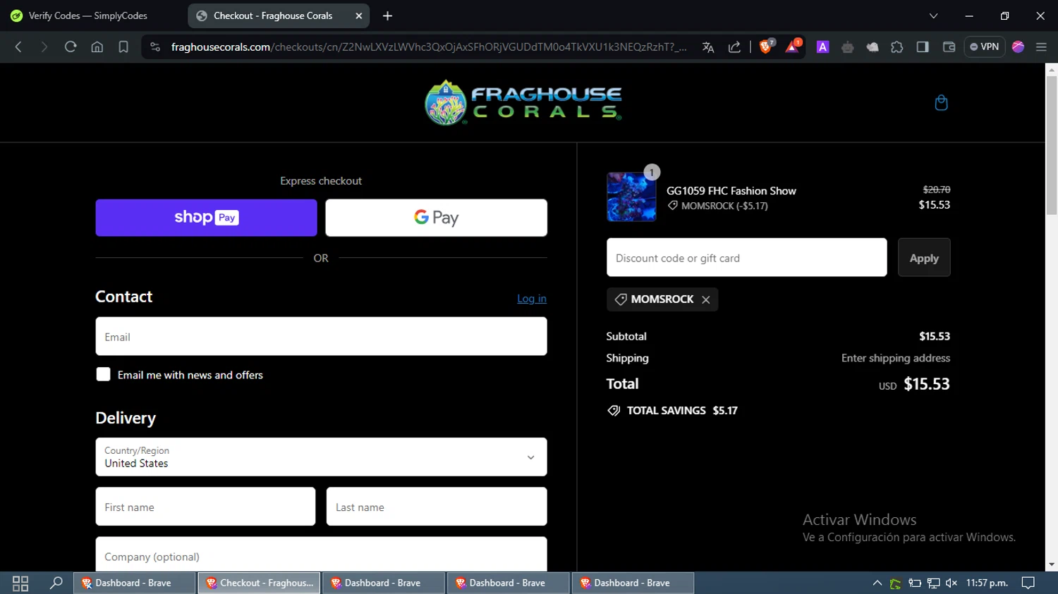 where to use Fraghouse Corals promo code box