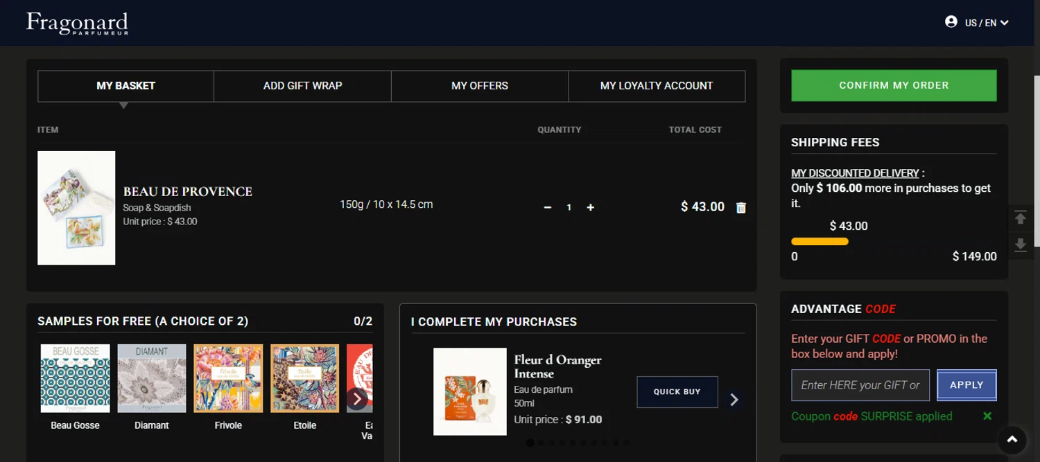Fragonard coupon code screenshot showing code SURPRISE applied at Fragonard checkout page. Uploaded by SimplyCodes community member 111111 on Jul 5, 2025