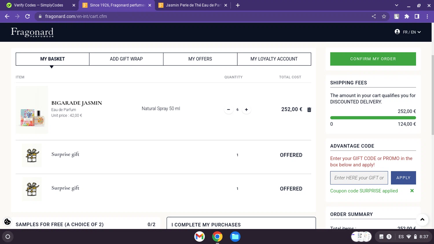 Fragonard coupon code screenshot showing code SURPRISE applied at Fragonard checkout page. Uploaded by SimplyCodes community member MoneyHawk3687 on Jun 24, 2025