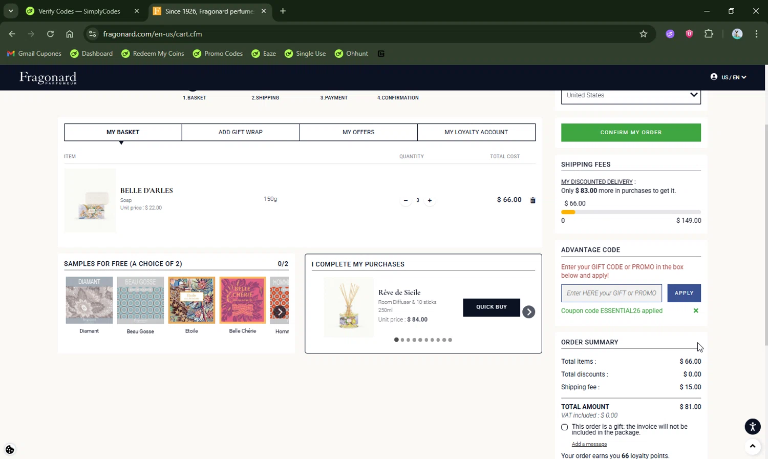 Fragonard coupon code screenshot showing code ESSENTIAL26 applied at Fragonard checkout page. Uploaded by SimplyCodes community member LHaunter2 on Jan 27, 2026
