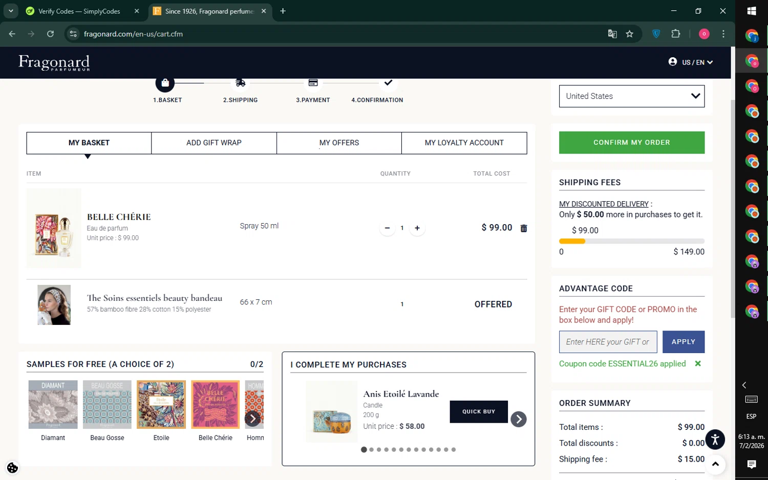 Fragonard checkout page showing Fragonard coupon code box | Screenshot taken by SimplyCodes community member on Feb 7, 2026