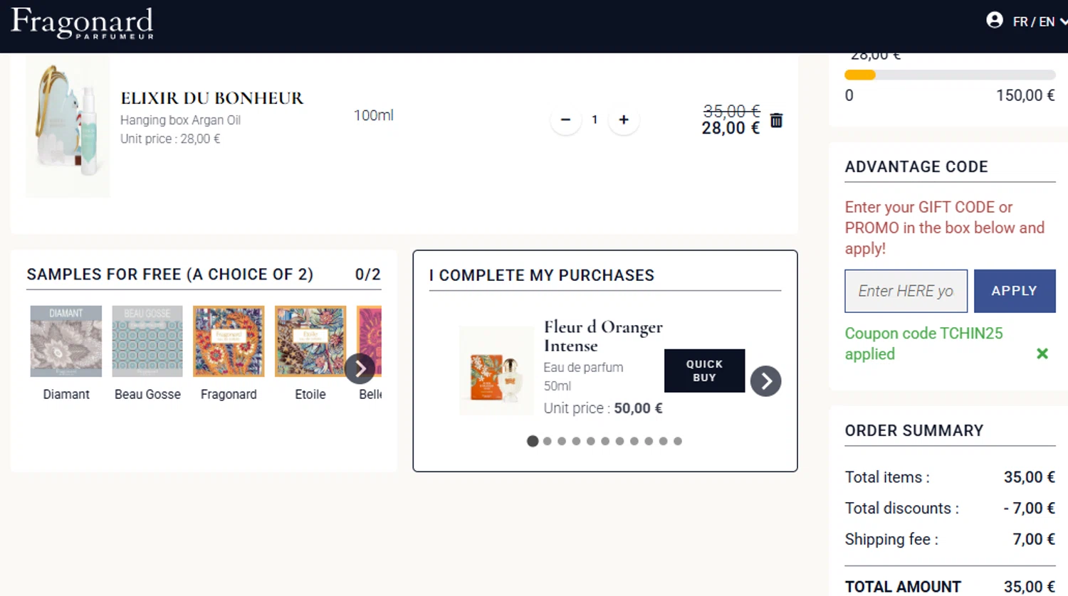Fragonard coupon code screenshot showing code TCHIN25 applied at Fragonard checkout page. Uploaded by SimplyCodes community member ashe1986 on Dec 27, 2025
