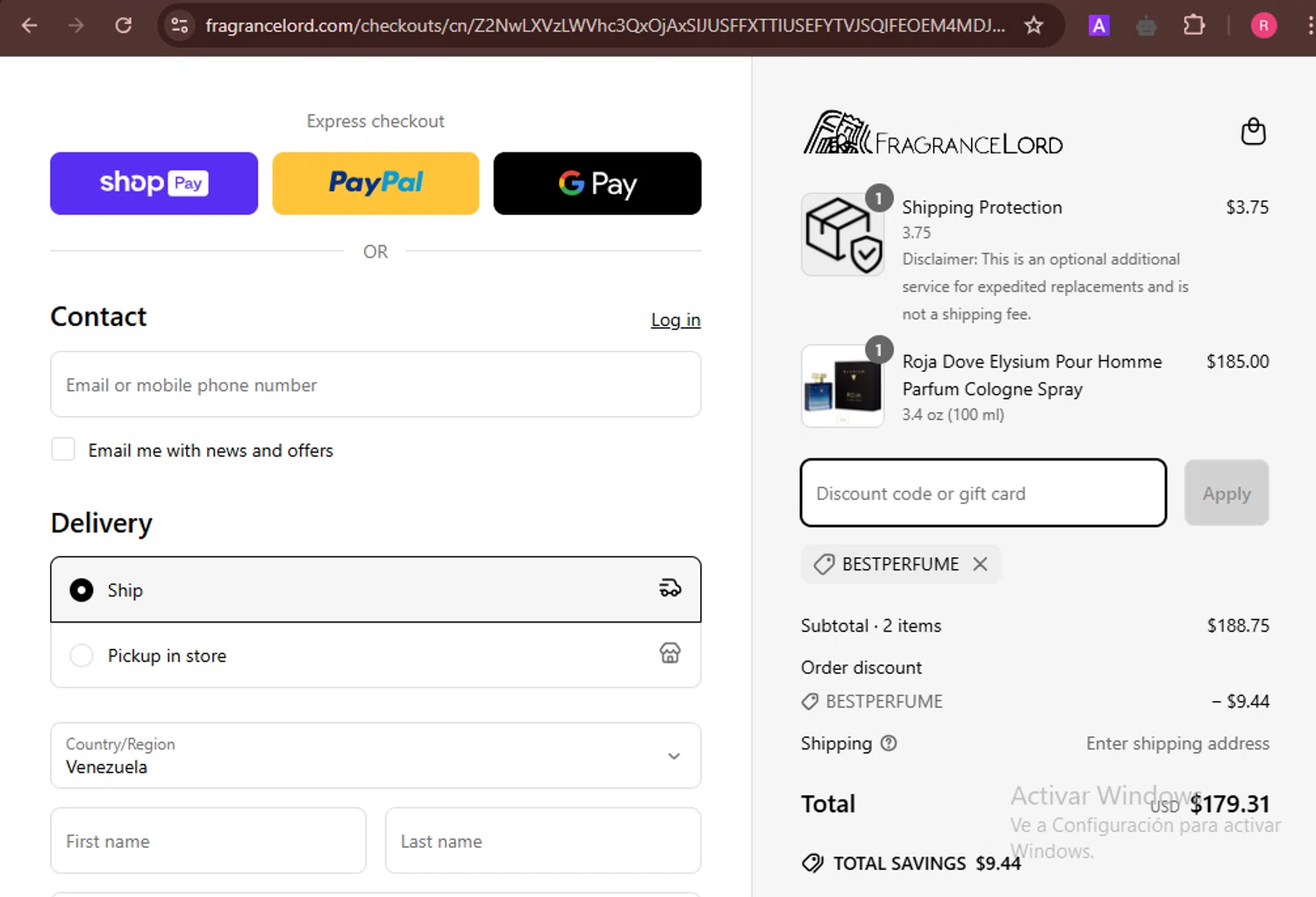 Fragrancelord.com promo code screenshot showing code Bestperfume applied at Fragrancelord.com checkout page. Uploaded by SimplyCodes community member ShieldOwl9891 on Apr 14, 2025