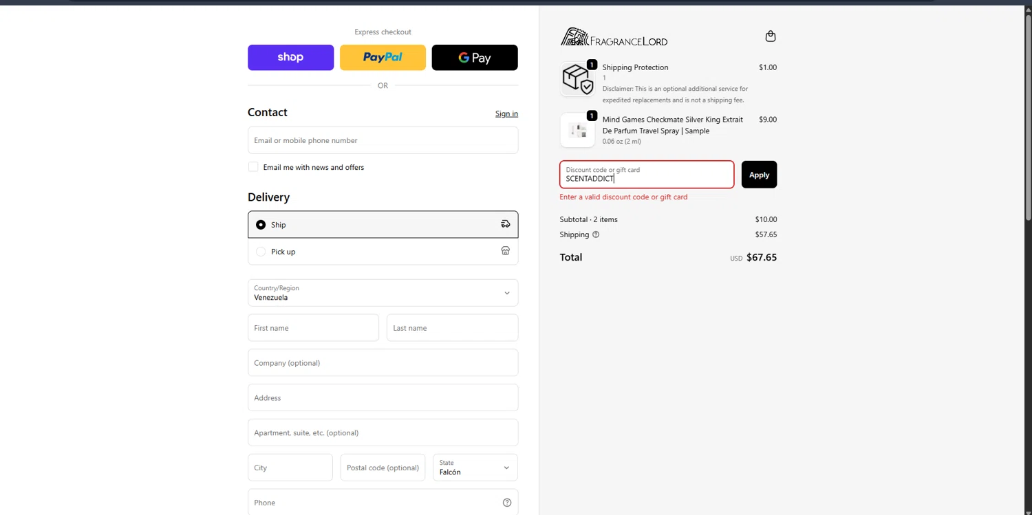 Fragrancelord.com promo code screenshot showing code SCENTADDICT applied at Fragrancelord.com checkout page. Uploaded by SimplyCodes community member ScanSpotter1700 on Oct 2, 2025
