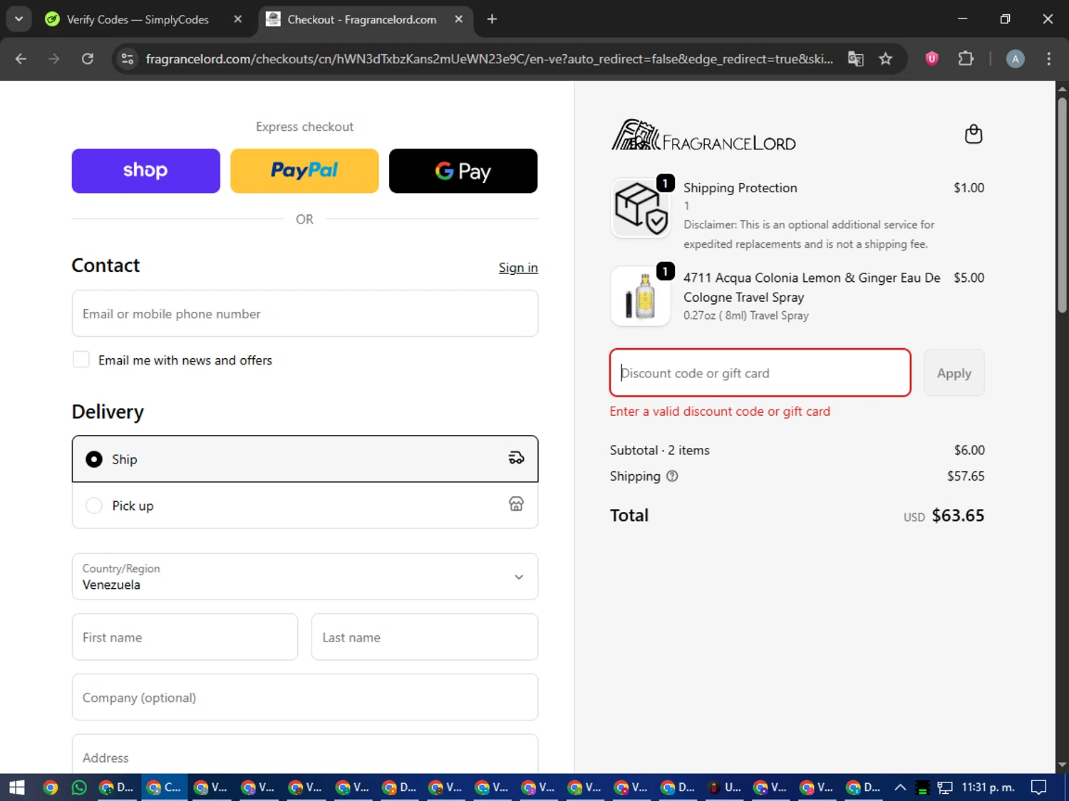 Fragrancelord.com promo code screenshot showing code SCENTADDICT applied at Fragrancelord.com checkout page. Uploaded by SimplyCodes community member trippieredd on Oct 2, 2025