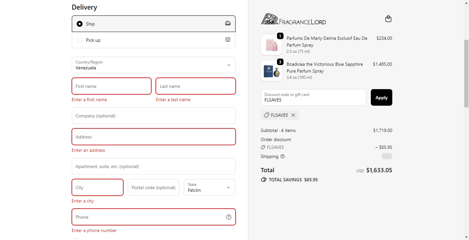 Fragrancelord.com promo code screenshot showing code FLSAVE5 applied at Fragrancelord.com checkout page. Uploaded by SimplyCodes community member LlonardoLotes on Nov 13, 2025