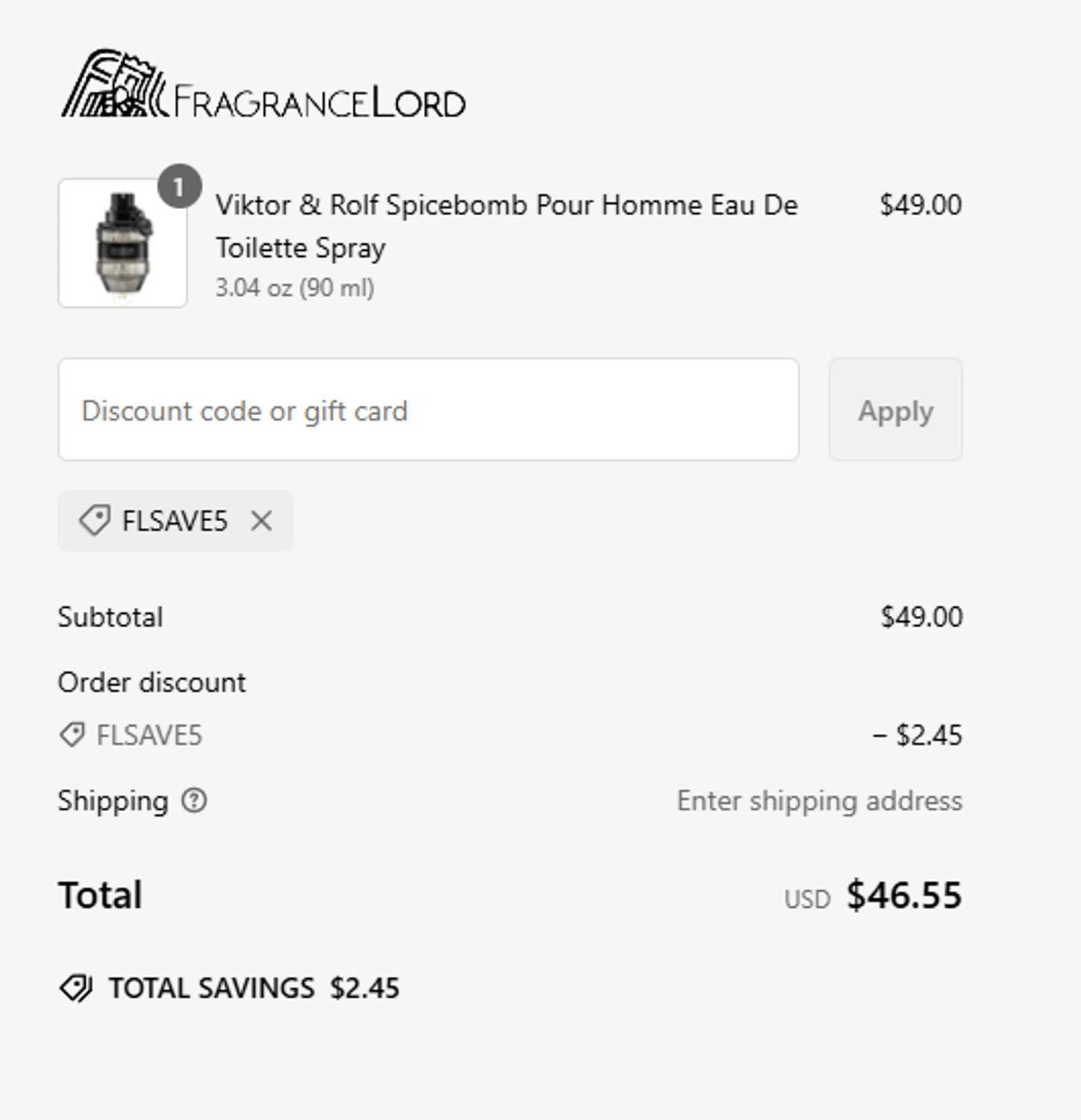 Fragrancelord.com promo code screenshot showing code FLSAVE5 applied at Fragrancelord.com checkout page. Uploaded by SimplyCodes community member RebatePilot8693 on Feb 26, 2025