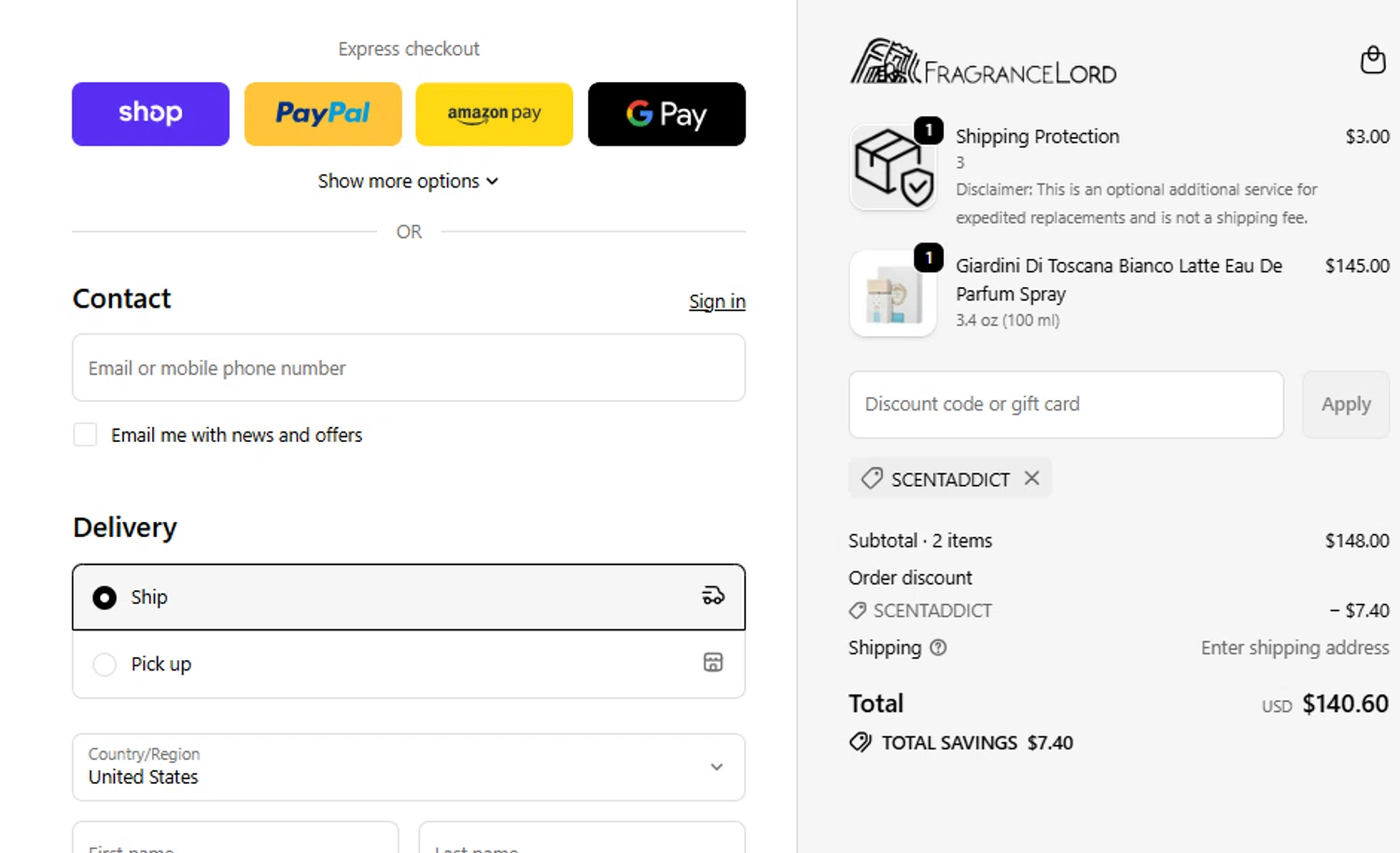 Fragrancelord.com promo code screenshot showing code Scentaddict applied at Fragrancelord.com checkout page. Uploaded by SimplyCodes community member ashe1986 on Nov 10, 2025