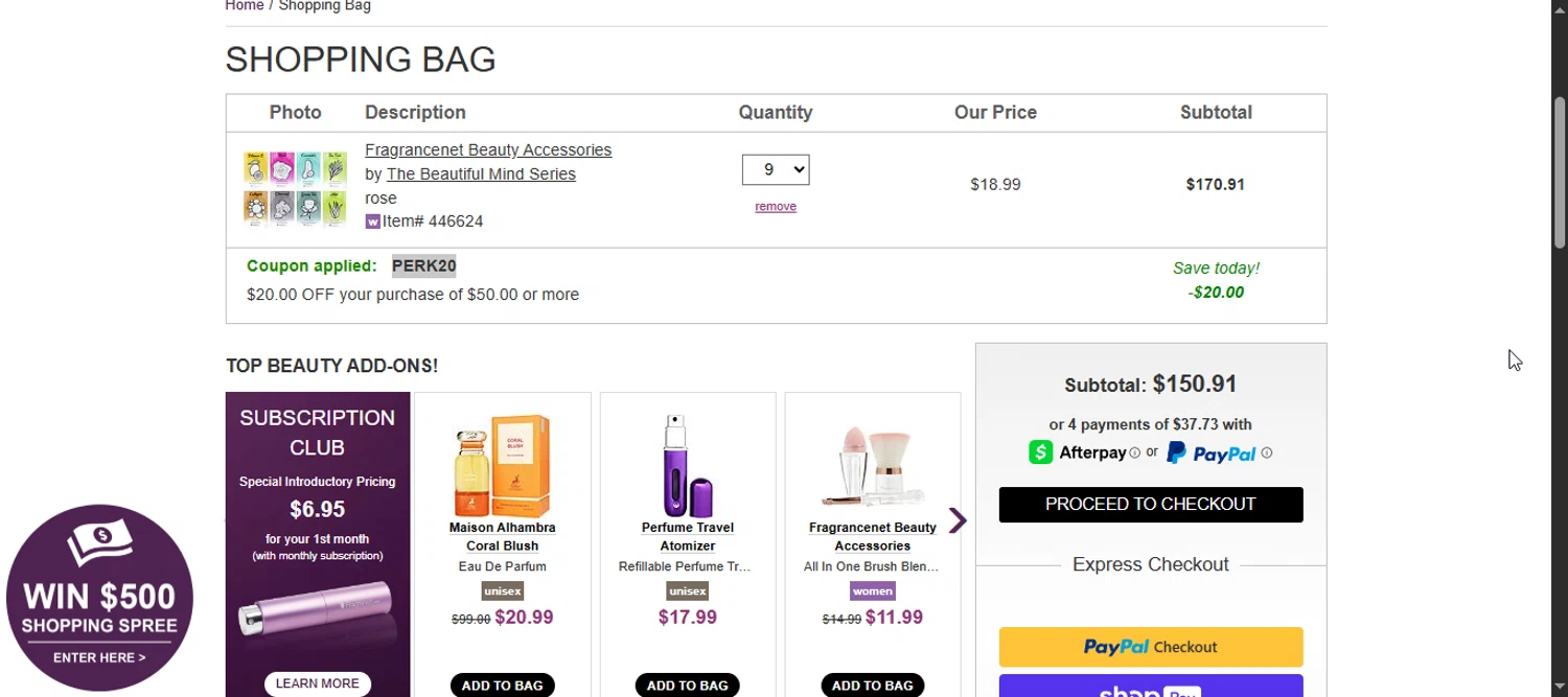 FragranceNet.com coupon code screenshot showing code PERK20 applied at FragranceNet.com checkout page. Uploaded by SimplyCodes community member Enmanuel99 on Jul 28, 2025