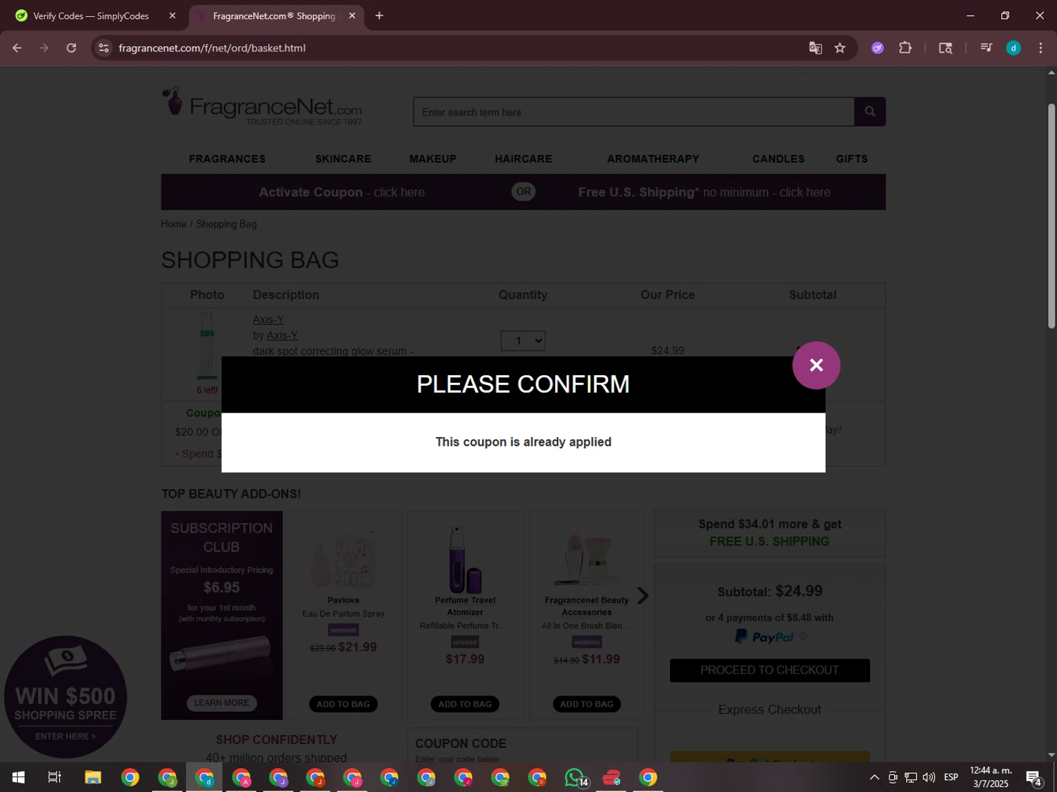 FragranceNet.com coupon code screenshot showing code PERK20 applied at FragranceNet.com checkout page. Uploaded by SimplyCodes community member GloriousTiger3507 on Jul 3, 2025