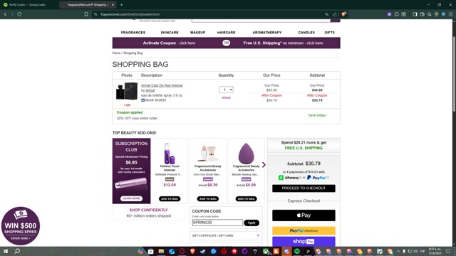 FragranceNet.com checkout page showing FragranceNet.com coupon code box | Screenshot taken by SimplyCodes community member on Aug 21, 2025