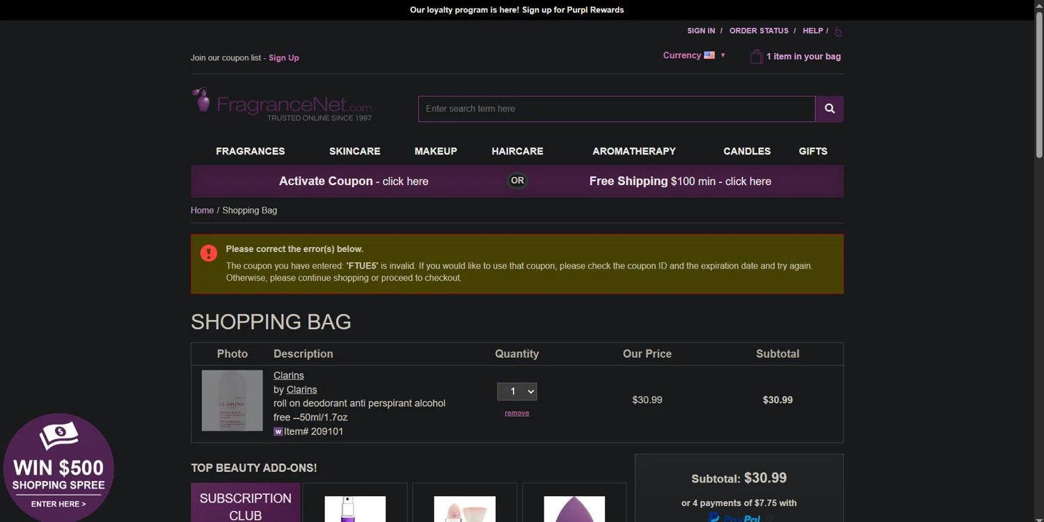 FragranceNet.com coupon code screenshot showing code FTUE5 applied at FragranceNet.com checkout page. Uploaded by SimplyCodes community member Ray_YNN on Aug 26, 2025