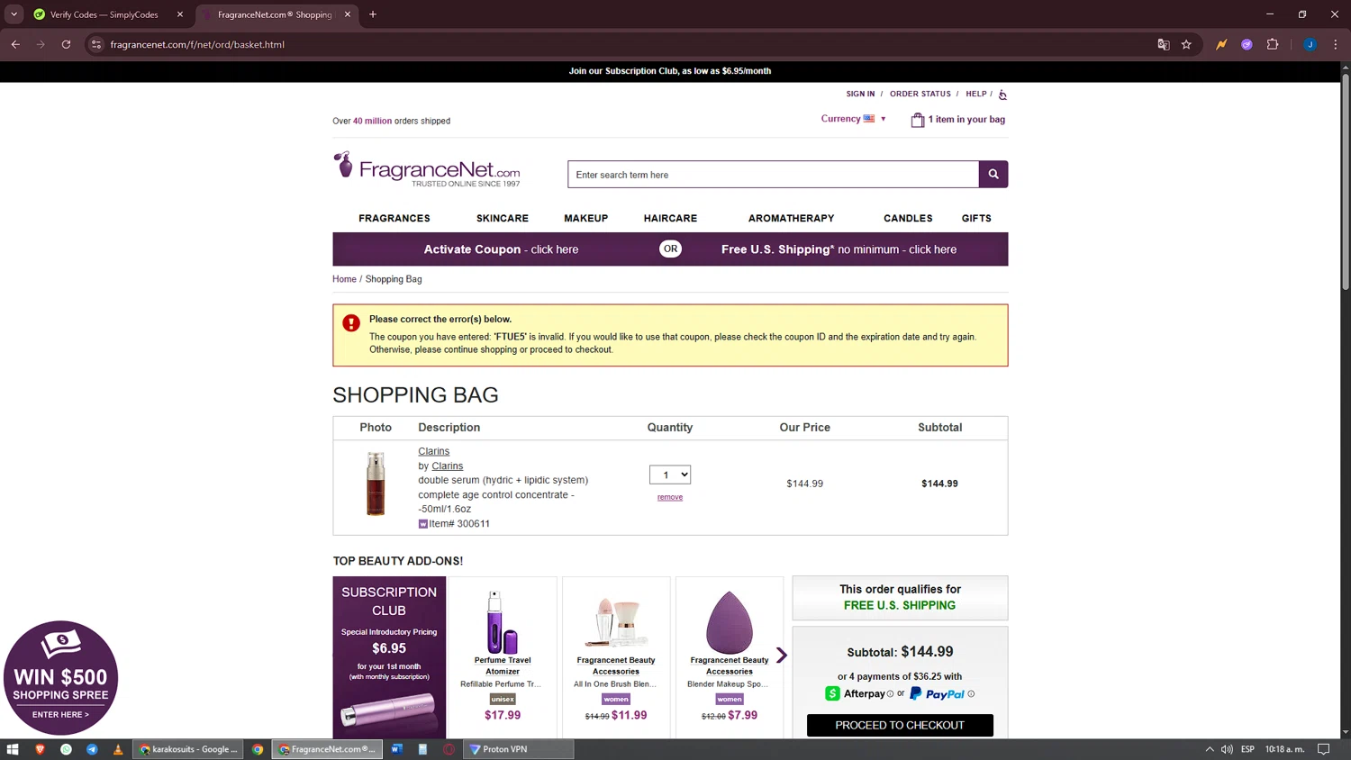 FragranceNet.com coupon code screenshot showing code FTUE5 applied at FragranceNet.com checkout page. Uploaded by SimplyCodes community member oscarbeaujon on Aug 26, 2025