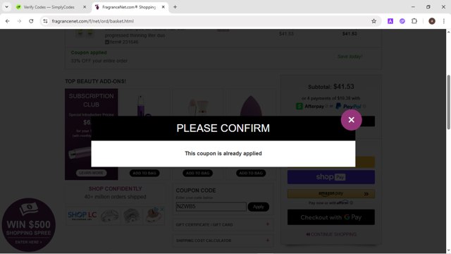 FragranceNet.com checkout page showing FragranceNet.com coupon code box | Screenshot taken by SimplyCodes community member on Aug 13, 2025
